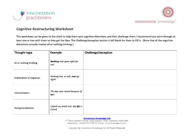 Preview for Cognitive Restructuring Therapist Worksheet by Uncommon Knowledge