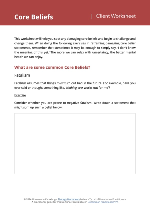 Core Beliefs Worksheet