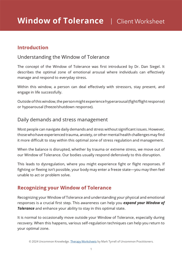 Window of Tolerance Worksheet Cover