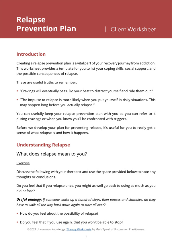 Free Relapse Prevention Planning Worksheet from Uncommon Knowledge